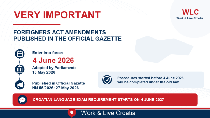 Izmjene Zakona o strancima objavljene u Narodnim novinama: na snagu stupaju 4. lipnja 2026. Izmjene Zakona o strancima objavljene u Narodnim novinama NN 55/2026 stupaju na snagu 4. lipnja 2026.